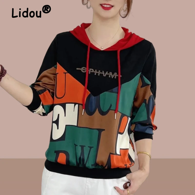 2023 Women Rhinestone Print Patchwork Streetwear Hooded Sweatshirts Autumn Fashion Drawstring Hoodies Y2K Long Sleeve Loose Tops