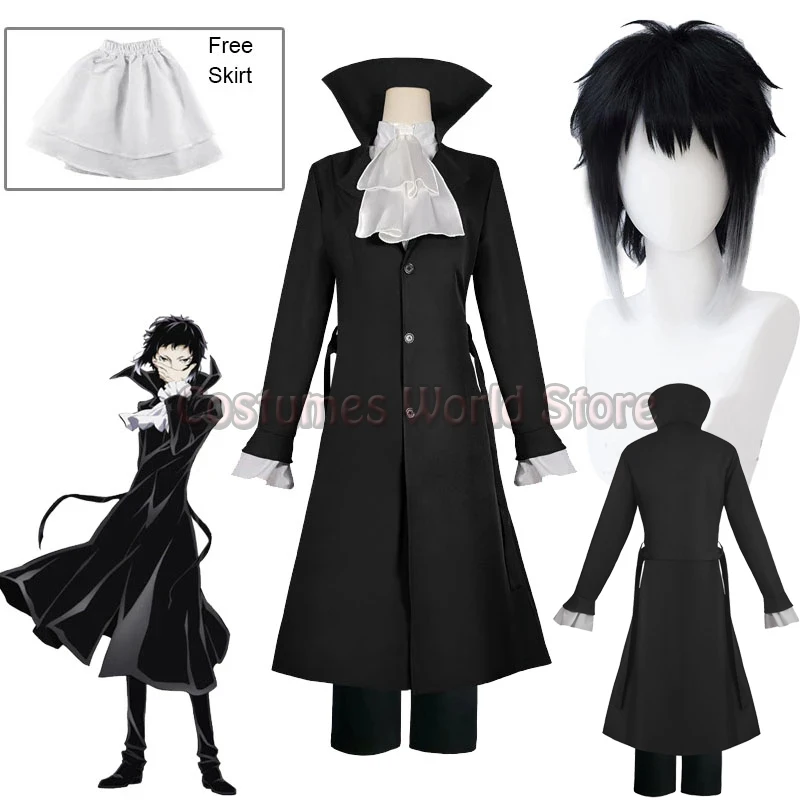 

Anime Bungo Stray Dogs Ryunosuke Akutagawa Cosplay Trench and Uniform Suits Halloween Party Costume Ryuunosuke Wig Headwear