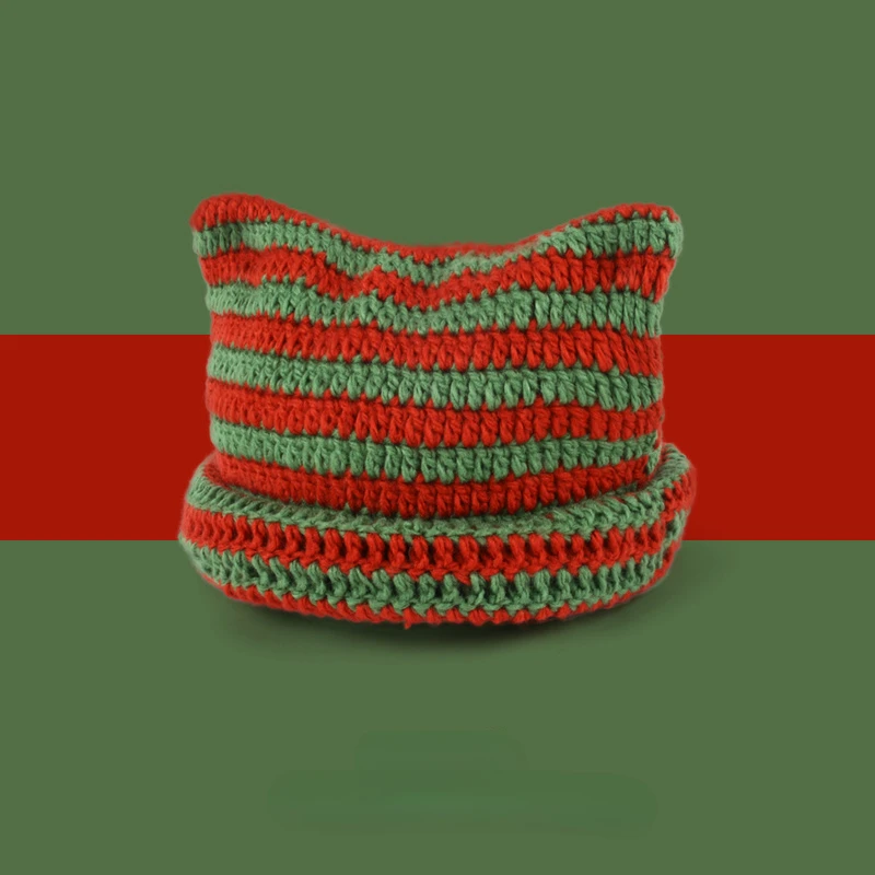 Knitted Beanie Hat Little Devil Striped Cat Ears Pointed Pullover Women's Autumn and Winter