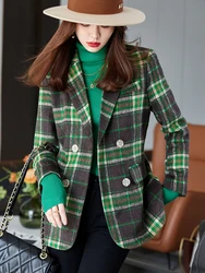 Fashion Ladies Blazer Women Blue Green Plaid Long Sleeve Female Casual Jacket For Autumn Winter