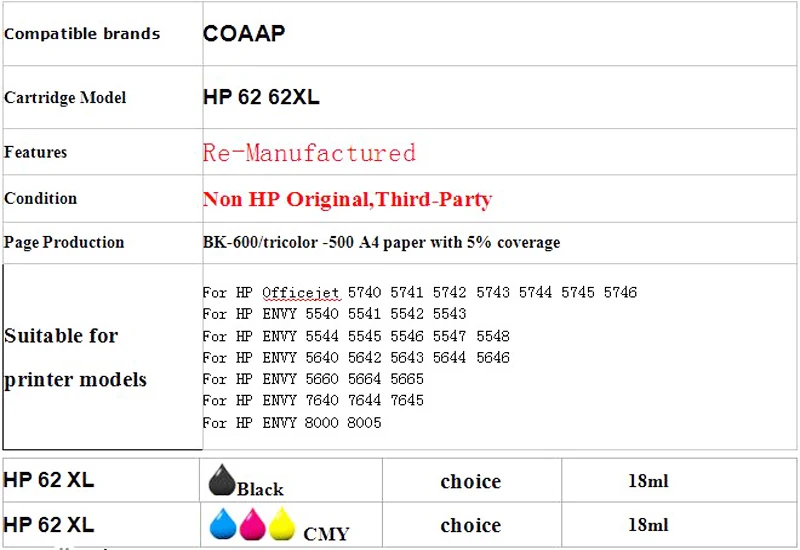 Description Picture 5 of itemCompatible hp62 Refilled Ink Cartridge For HP ENVY 5640 5642 5643 5644 5646 5660 5664 5665 7640 7644 7645 e-All-in-One Printer