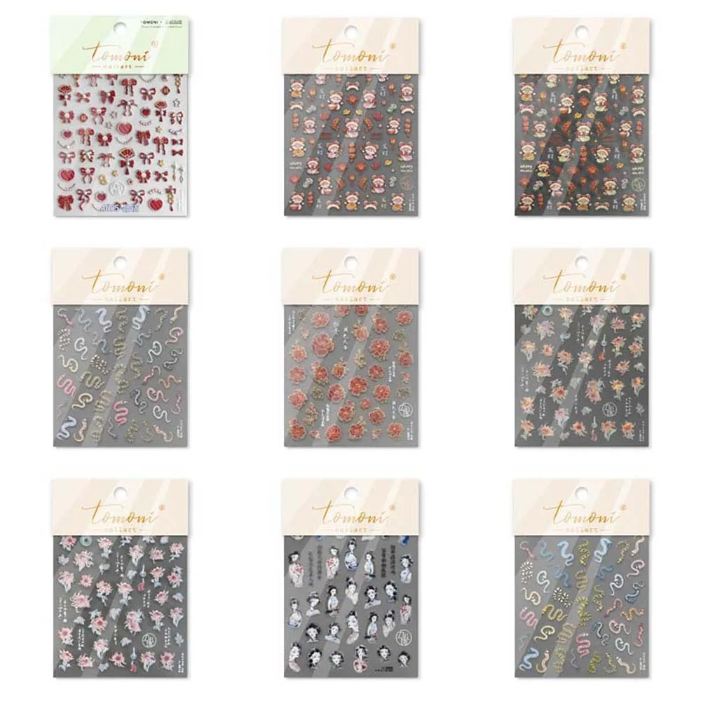 Nail Accessories Chinese New Year Nail Sticker 3D Pearl Bow Peony Flower New Year Snake Nail Decal 2025 Snake New Year
