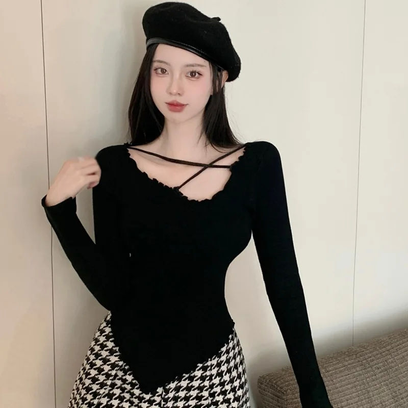 

Irregular Knitted Shirt For Women Hem Solid Color Long Sleeve Knitwear Slim Fit Pullover Casual Sexy Base Shirt