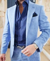 2 Piece Men's Light Blue Men Suit Beach Wedding Suit Summer Slim Fit Linen Suit Groomsmen For Wedding Party Prom(Blazer+Pants)
