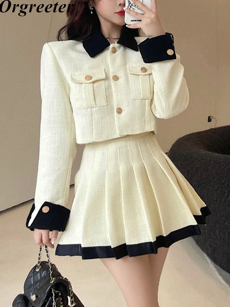 

Tweed Ensemble Femme Vintage Collision Color Crop Blazer Skirts Suit Female Long Sleeved Jacket Pleated Skirt Conjuntos De Mujer