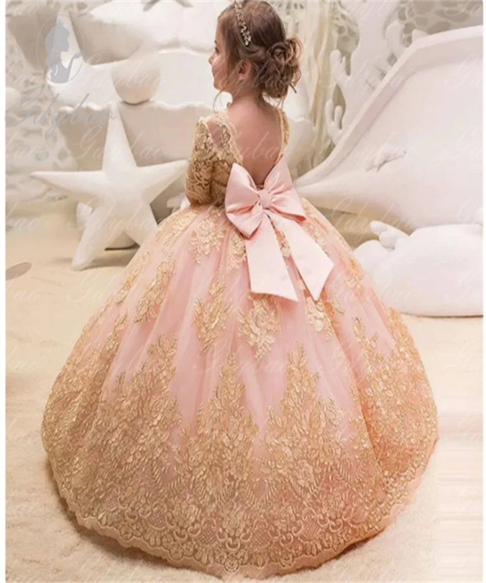 Gold Lace Bow Flower Girl Dress Pink Tulle Puffy Champagne