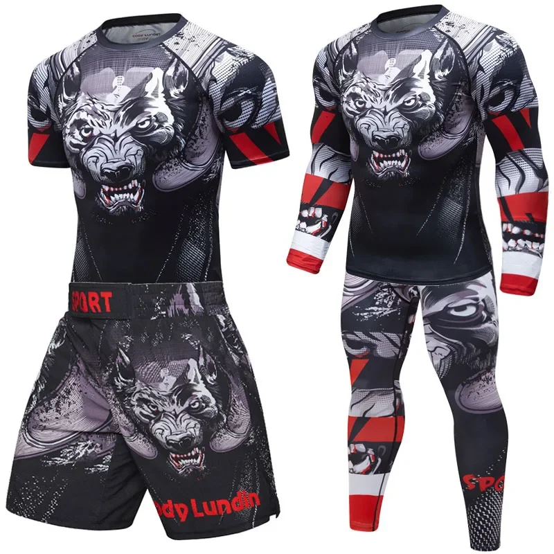 Men Sport MMA Rashguard Jiu Jitsu Jerseys+Pants Fitness T Shirt UCF BJJ Boxing Set Gym Rash Guard Fightwear Sportsuit Boxeo sports apparel mens t shirt