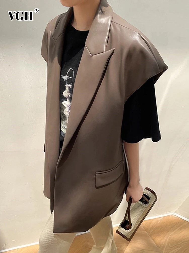 

VGH Solid Minimalist Leather Coats For Women Notched Collar Sleeveless Spliced Belt Temperament Coat Female Fashion Clothing New