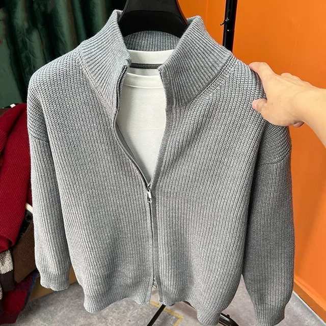 Cardigan ouvert pour homme, couleur unie, fermeture éclair, tricoté, coupe ajustée, col montant semi-haut, vêtement d'extérieur 1