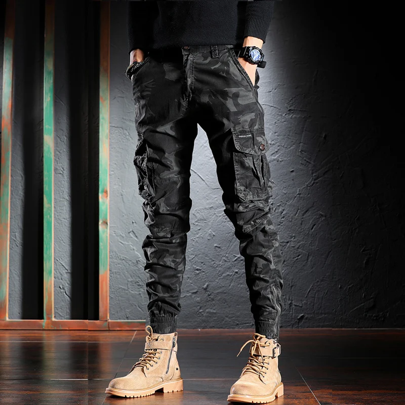 Fashion Designer Men Jeans Camo Trousers Multi Pockets Casual Cargo Pants Hombre Zipper Bottom Hip Hop Joggers Men