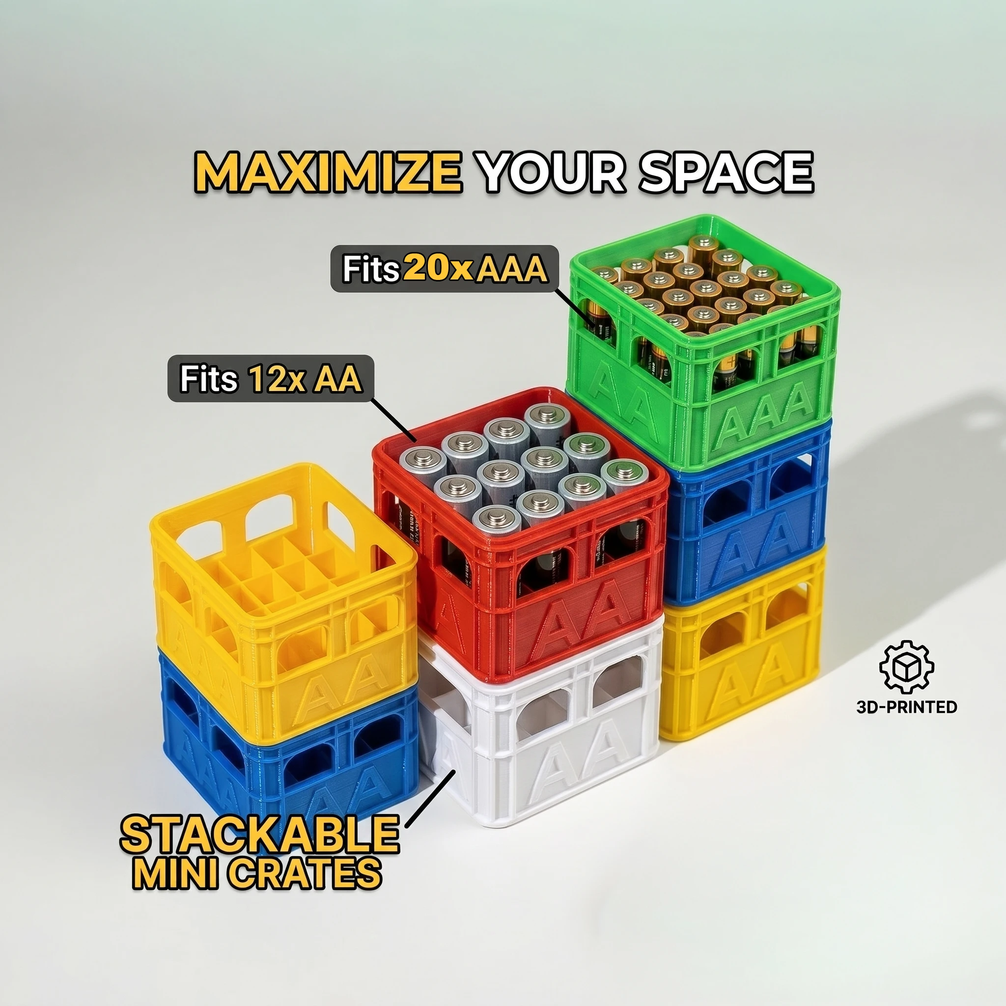 Stackable 3D-Printed Mini Crate Battery Organizer