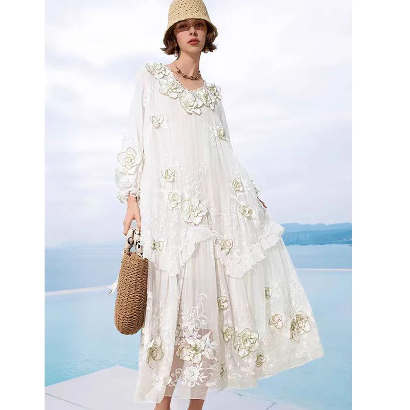 Summer New High-End V-Neck Silk Three-Dimensional Embroidered Wrist Sleeve  Loose Elegant White Women's Dress L-XL - AliExpress 200000345
