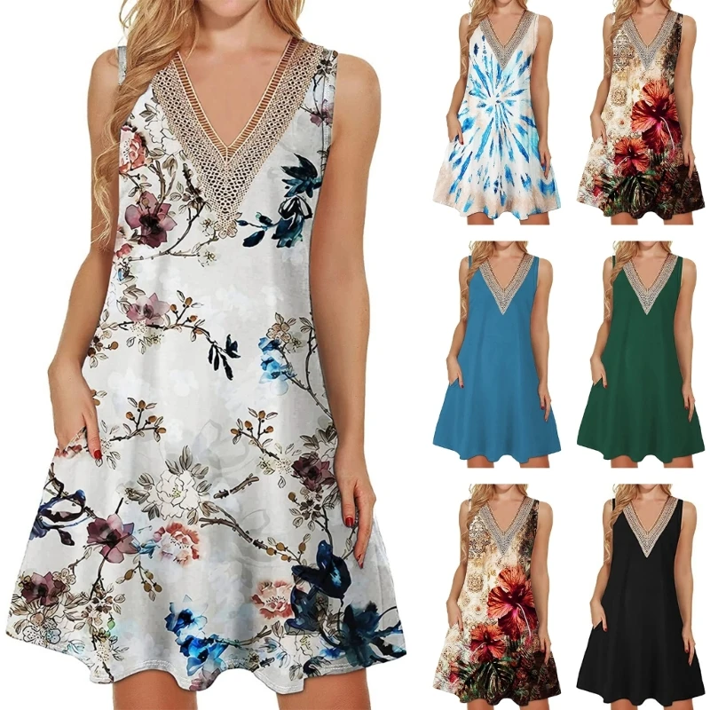 

Women Summer Casual Sleeveless Pocket Dress Female Dress Loose Pocket Dress P8DB