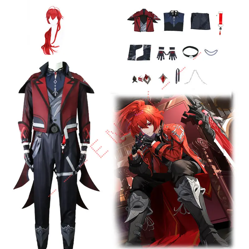 

Game Genshin Impact Diluc Ragnvindr New Skin Cosplay Halloween Carnival Suit Diluc Red Dead of Night Full Set Outfit Wig Costume