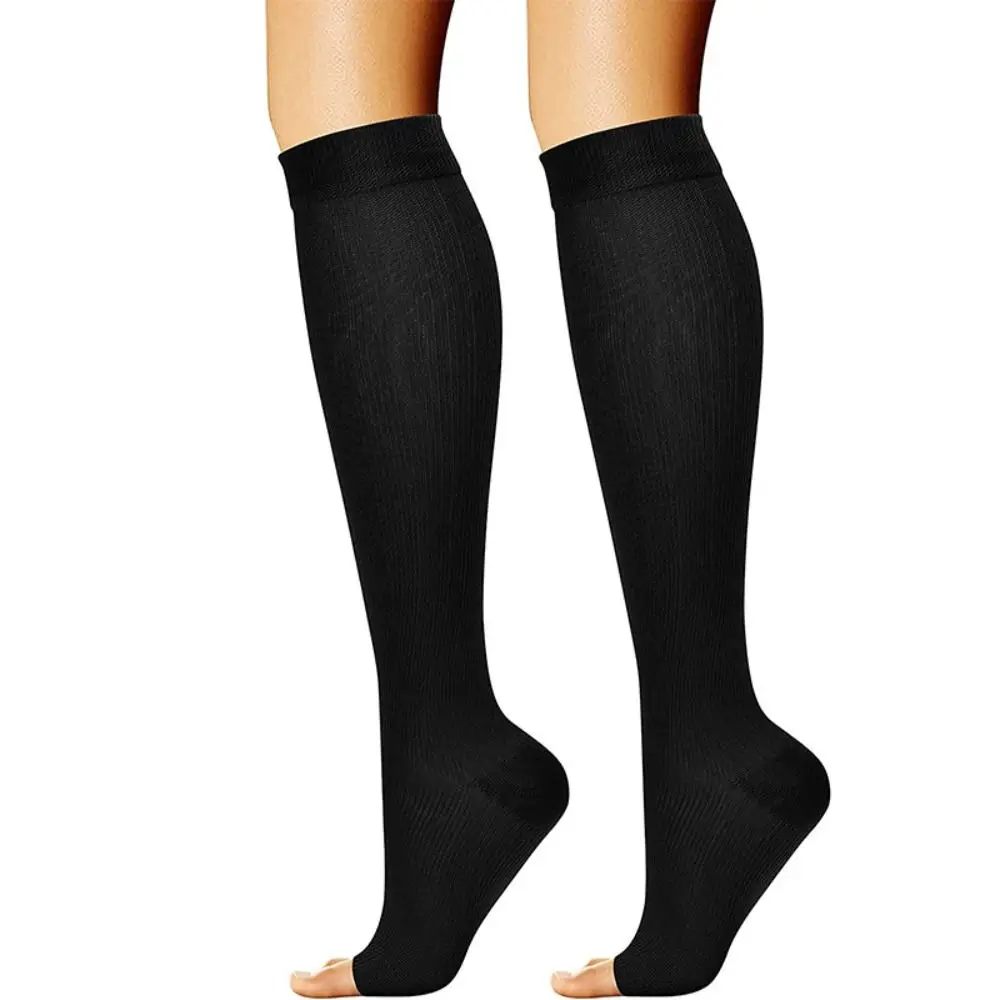 Enhanced Circulation Open Toe Compression Socks - Black Knee-High for All-Day Comfort