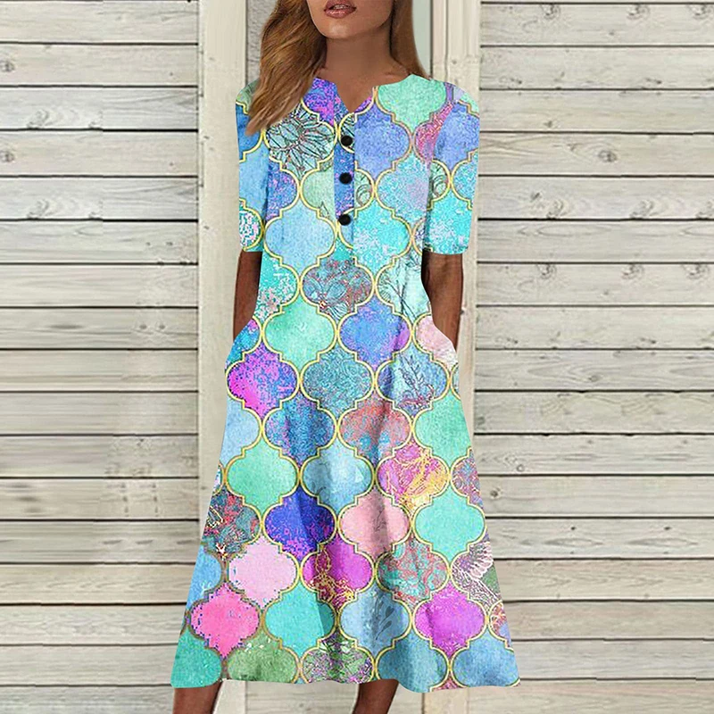 

Summer Holiday Print Beach Women Dress Vintage V-Neck Button Short Sleeve Pocket Casual Elegant Commute Long Female Dress Boho