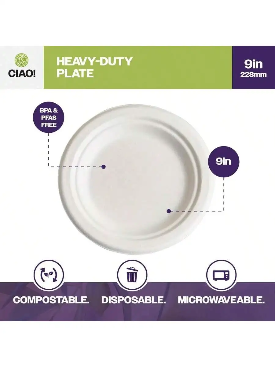 CIAO! 9" Heavy Duty Plate Compostable PFAS Free Unbleached Bagasse Natural White Pack of 500