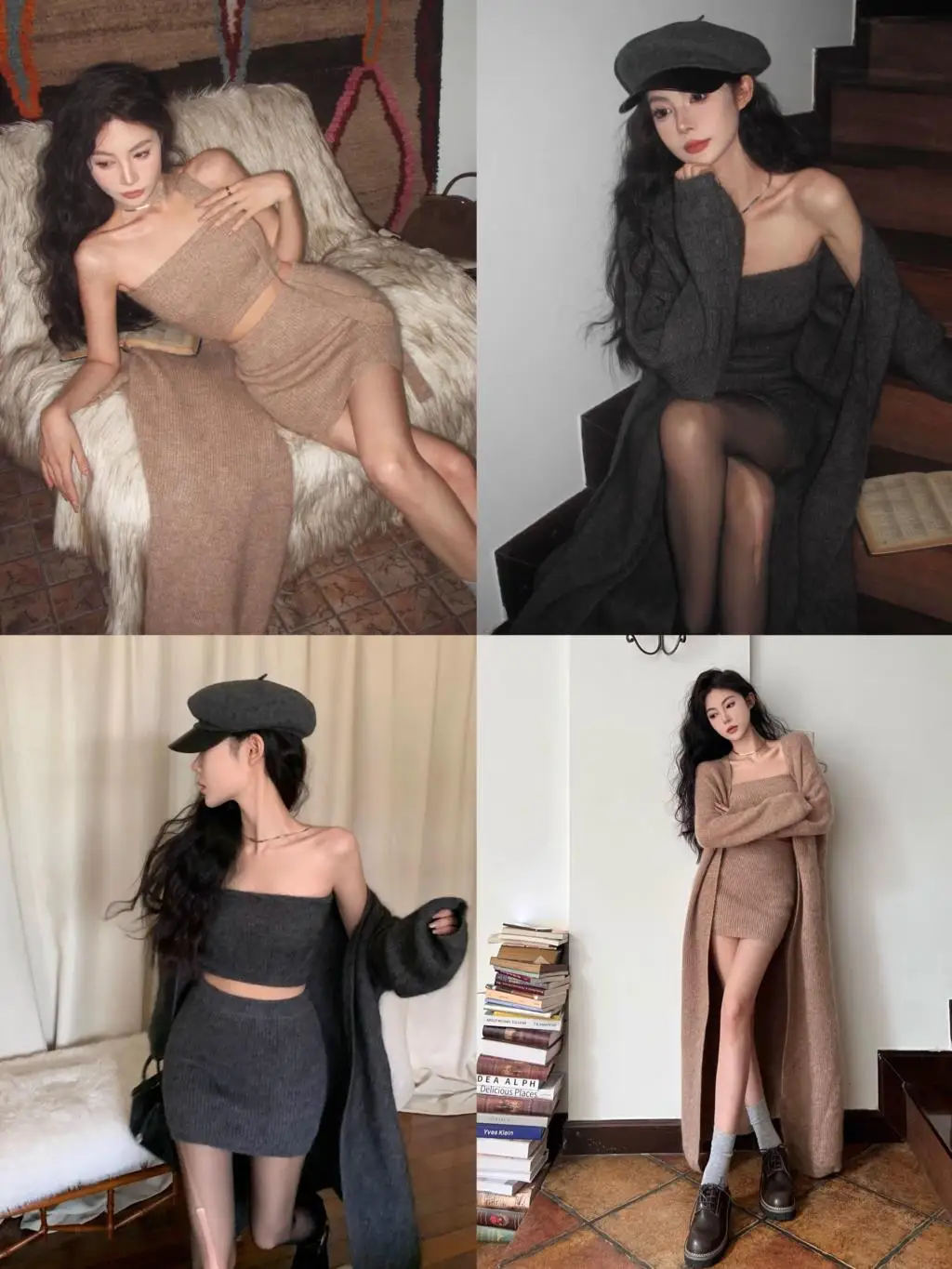 Autumn Winter New Knitted 3-piece Skirt Set Women Solid Long Cardigan Strapless Crop Top Mini Skirt Y2K Korean Chic Knitwear New