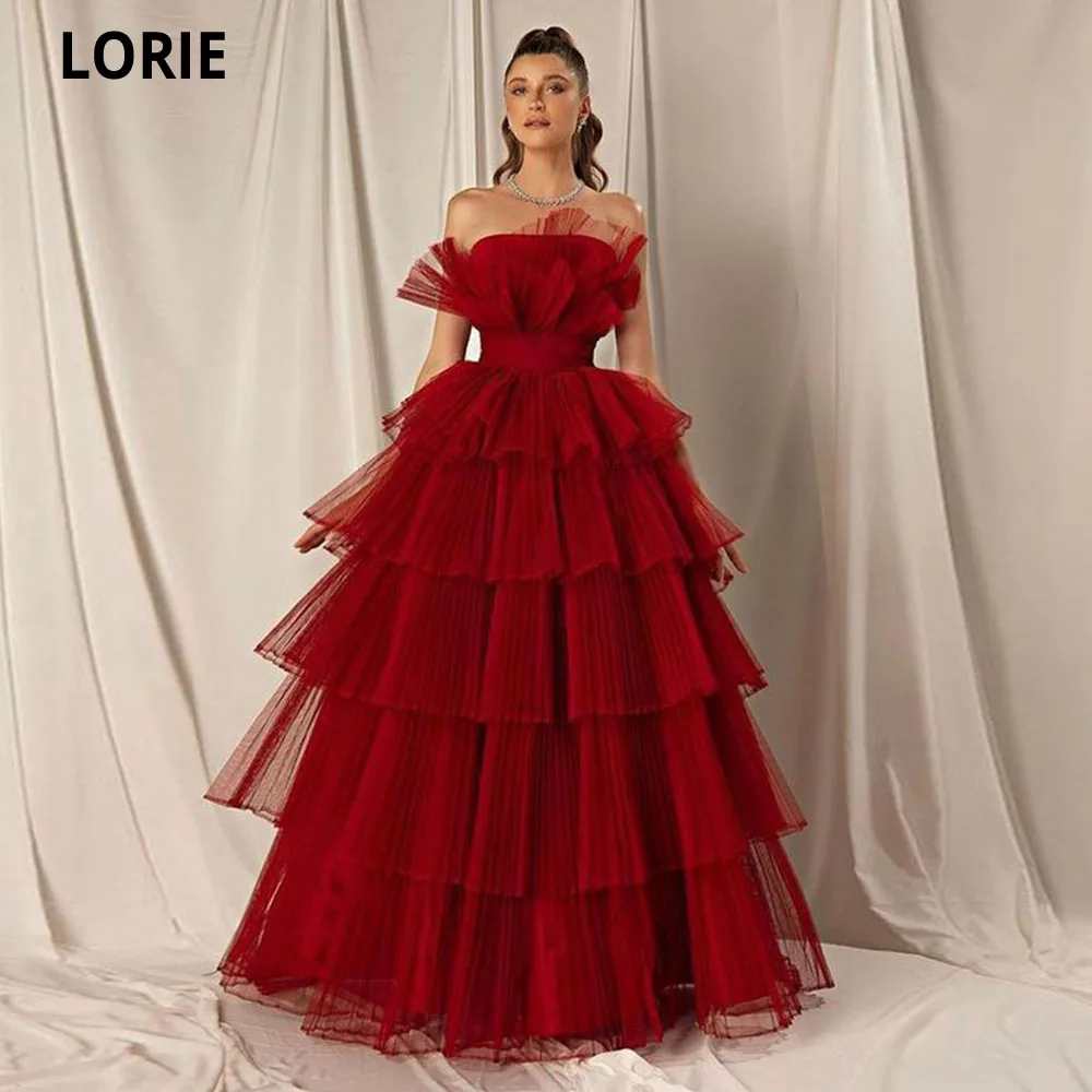 

LORIE Burgundy A-line Evening Dresses Strapless Tiered Tulle Dubai Arabic Women Formal Prom Gowns Robes De Soirée Party Dress