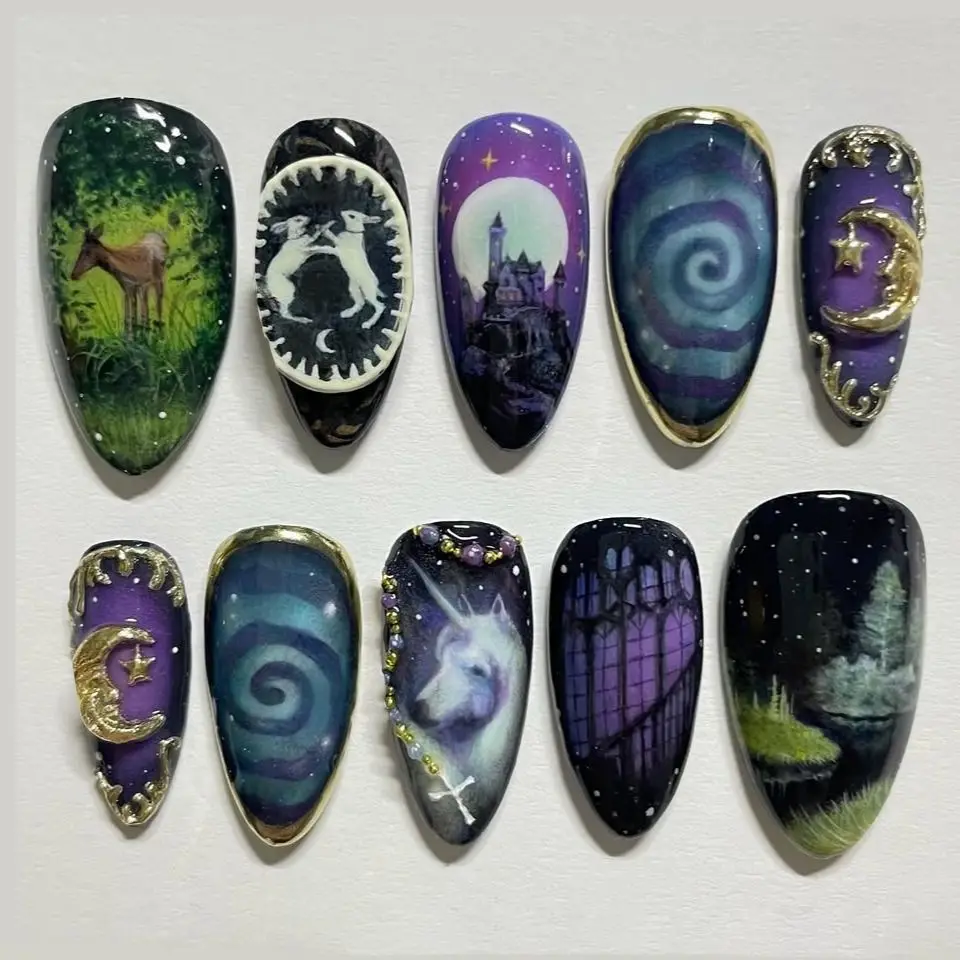 24PCS Almond Press on Nails Fantasy Unicorn Moon Castle Patterns False Nail Tips Aurora Purple False Nails Set Wearable Manicure 1 24PCS Almond Press on Nails Fantasy Unicorn Moon Castle Patterns False Nail Tips Aurora Purple False Nails Set Wearable Manicure