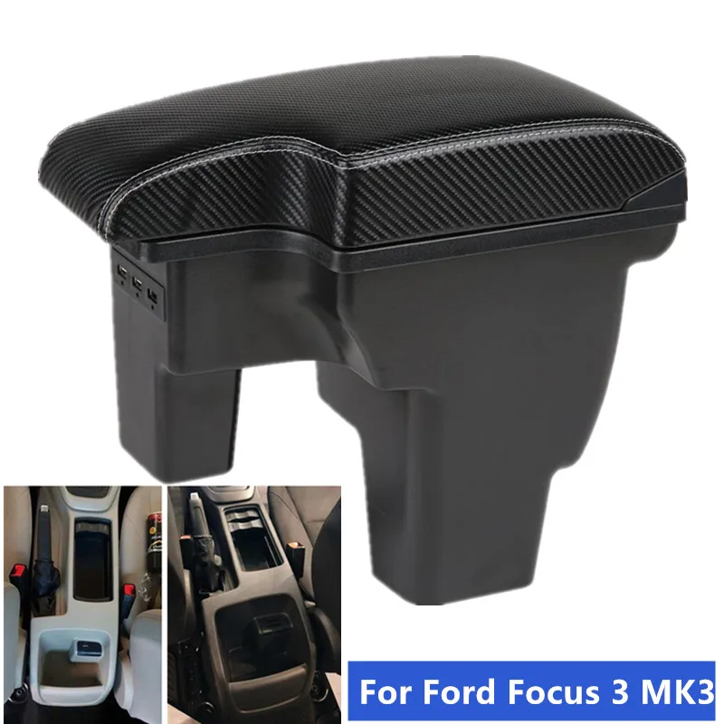 YJYWZH Coche Apoyabrazos Para Ford Focus 3 Mk3 2011-2019 Doble Capa Caja De Almacenamiento De Consola Central Con 3 Puertos De Carga USB Costuras Negras