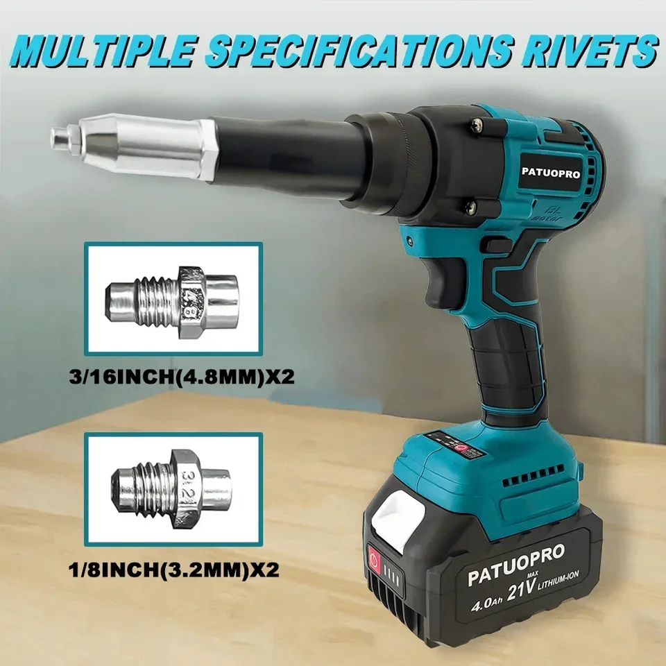 Riveteuse Sans Fil Compatible Avec Makita 18V Batterie, Pistolet à Riveter Professionnelle Sans Balais Avec Lumière LED, 20 Rivets, Clé Et 3 Adaptateurs, Pour Métal, Plastique Et Cuir (sans Batterie