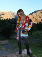 Women's Boho Print Knit Cardigan Top Fringe Trim Belted Long Sleeve Sweater Lace-up Coat 2025 New High Street Outerwear Outfit