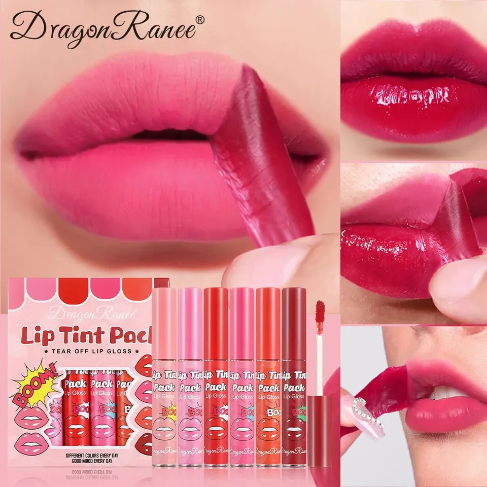 Dragon Ranee 6pcs Set Tear-Off Lip Gloss Moisturizing Lip Mask Lipstick Lasting Color Waterproof Non-Sticky Tear-Off Lip Glosses