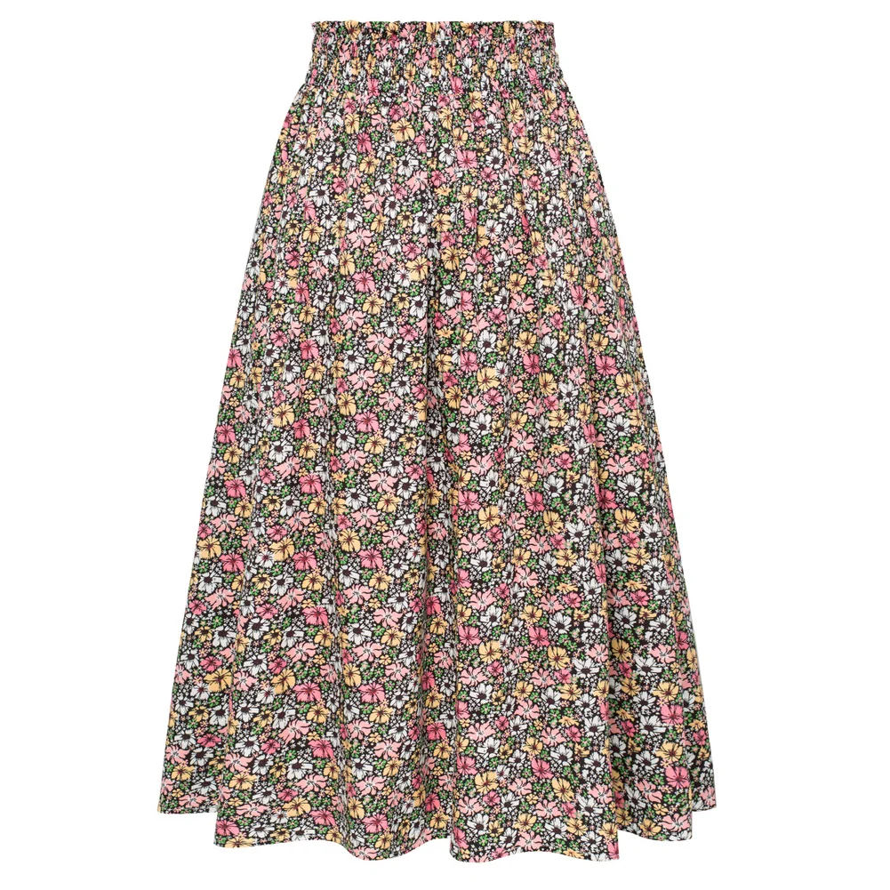 KK Women Summer Party Skirt Floral Printed Mid-Calf Swing Elastic Korean Style High Waist Front Slit Causal A-Line Skirt