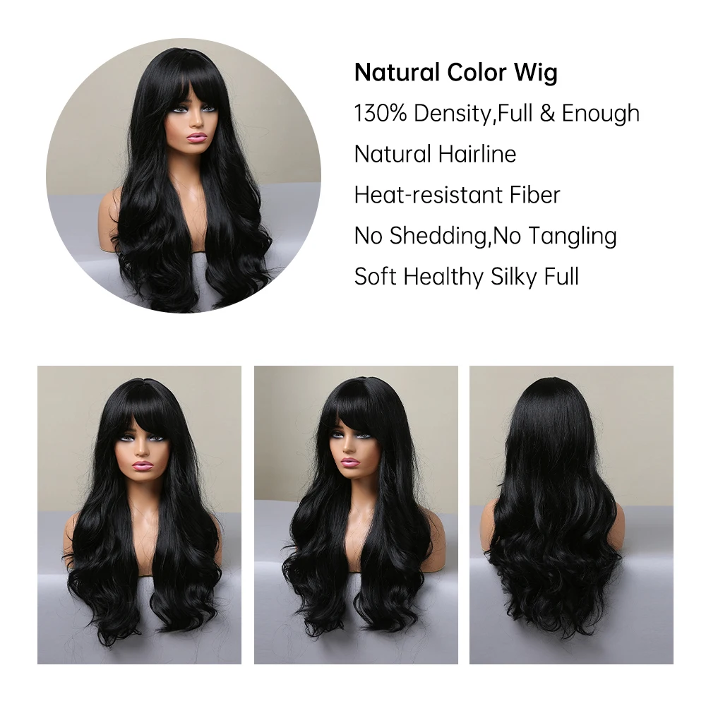 TINY LANA Natural Black Long Wavy Synthetic Wig with Bangs for Women Body Wave Dark Brown Wigs Cosplay Daily Hair Heat Resistant image_1