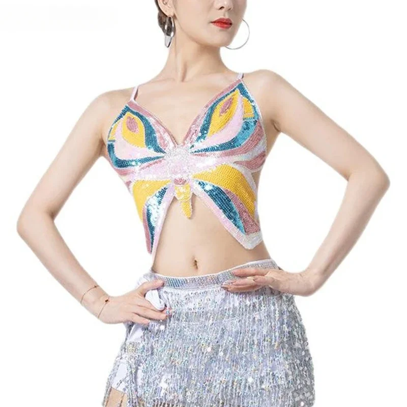 

Women Sexy Halter Sequin Dance Crop Top Sparkly Belly Dance Tank Butterfly Bras