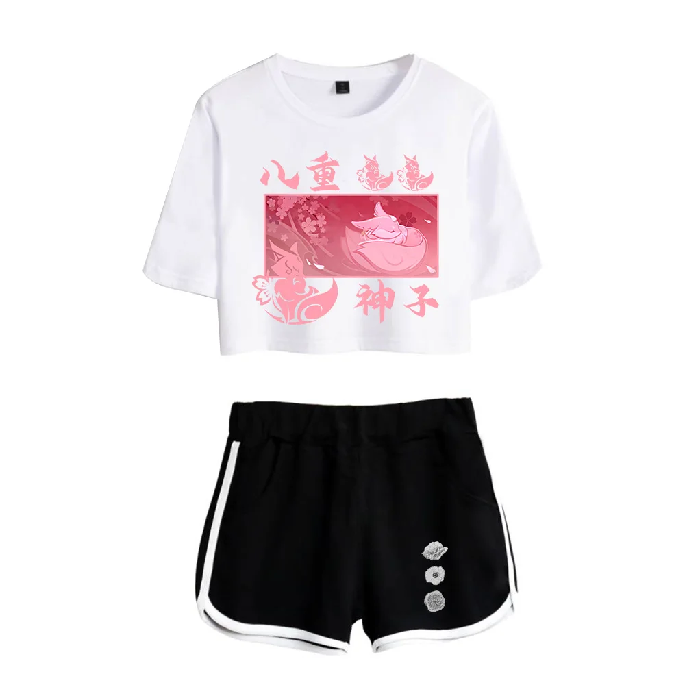 

Summer Women Suit Yae Miko Fox Printed Logo Cool Two Pieces Sets Soft Round Collar Crop Tops T-shirt and Short Pants Summer Sets
