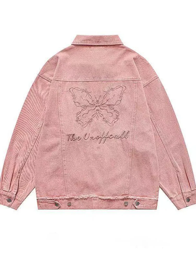 

Vintage Pink Embroidered Butterfly Denim Coat Women's Fashion American Spring Autumn Loose Female Hip Hop Jacket Outerwear
