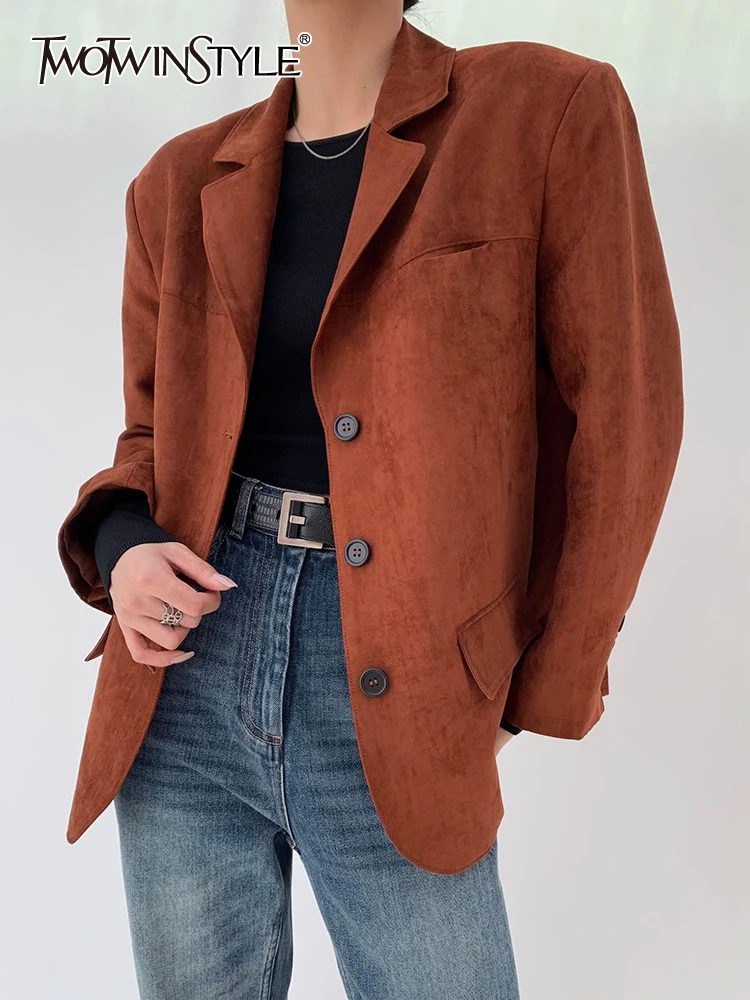 

TWOTWINSTYLE Solid Vintage Blazer For Women Notched Collar Long Sleeve Patchwork Single Breasted Blazers Female Fashion Style