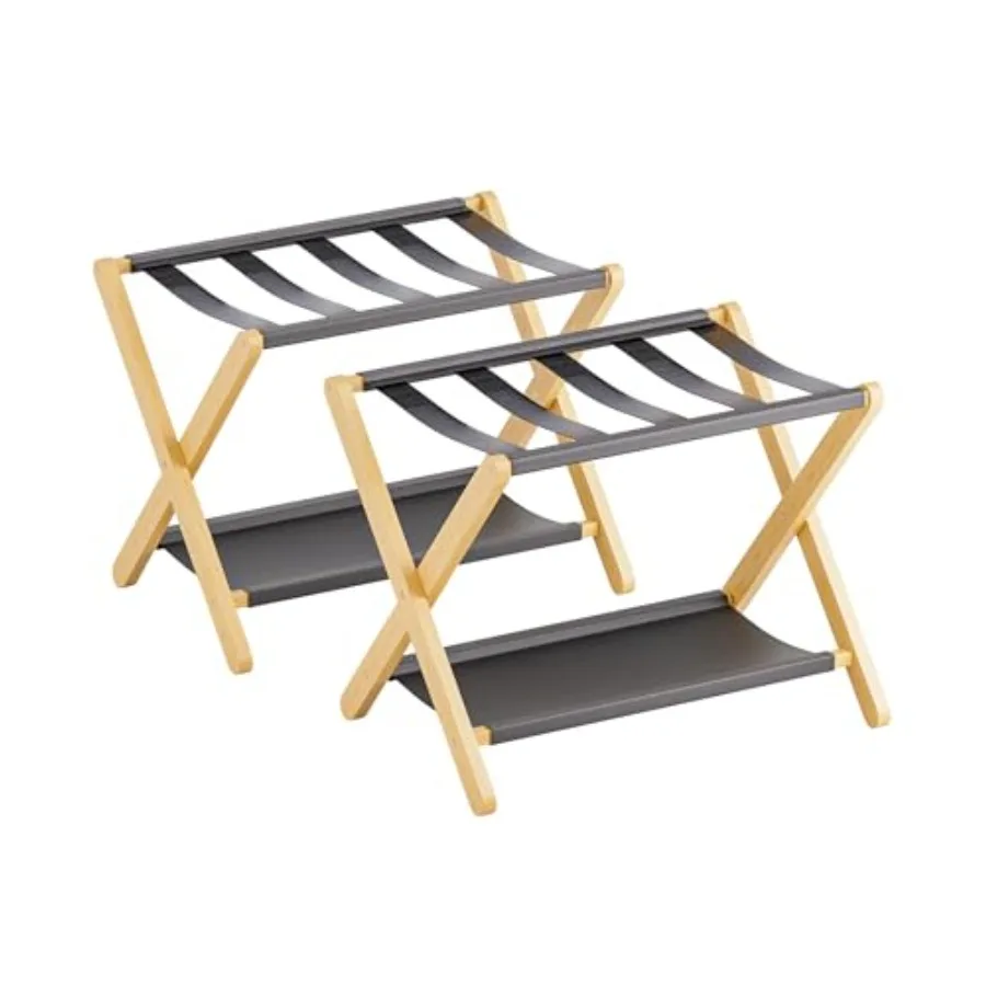 Luggage Rack Set of 2 Folding Suitcase Stand with Storage Shelf Premium Bamboo Luggage Holder for Guest Room Bedroom Hotel Clos