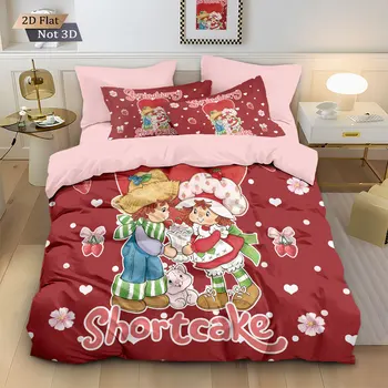3pcs Pink Strawberry Girl Printed Down Duvet Cover Set, Multi Size Bedroom Bedding Decoration, Machine Washable 1