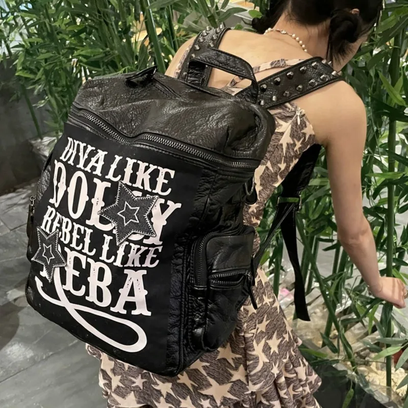 Xiuya Y2k Gothic Womens Backpack Vintage Letter Punk Leather Fashion Mens Backpacks Original Harajuku 2024 Designer Luxury Bag