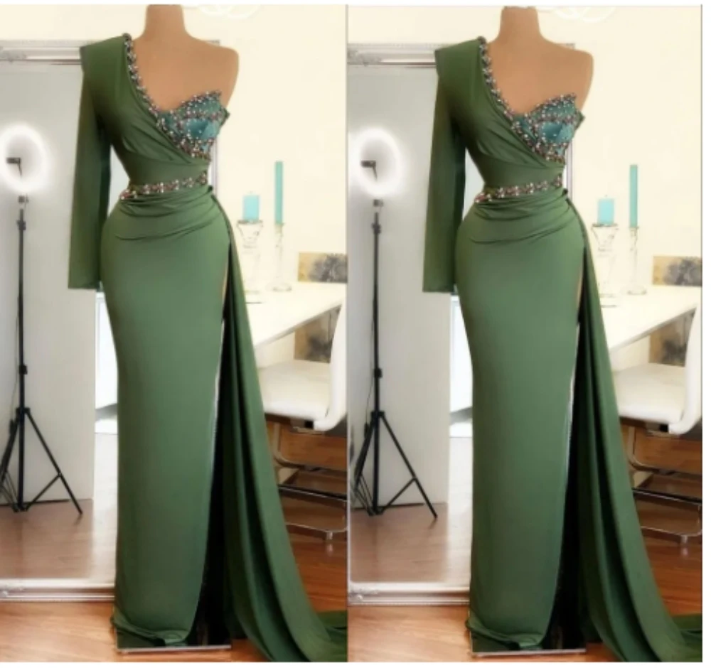 

Elegant Hunter Green Sheath Evening Dresses One Shoulder Sweep Train High Side Split Pleats Formal Prom Dress فستان حفلات الزفاف