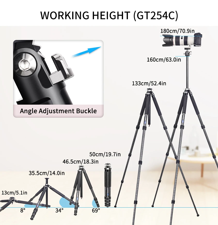 GT254C Carbon Fiber Tripod Camera Tripod Professional Compact Portable Stand wit