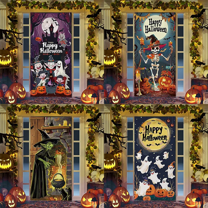 Halloween Stickers Door Wallpaper Stickers Halloween Door Cover Cartoon Anime Wizard Skeleton Frame Pumpkin Head Atmosphere Door Sticker Background Cloth