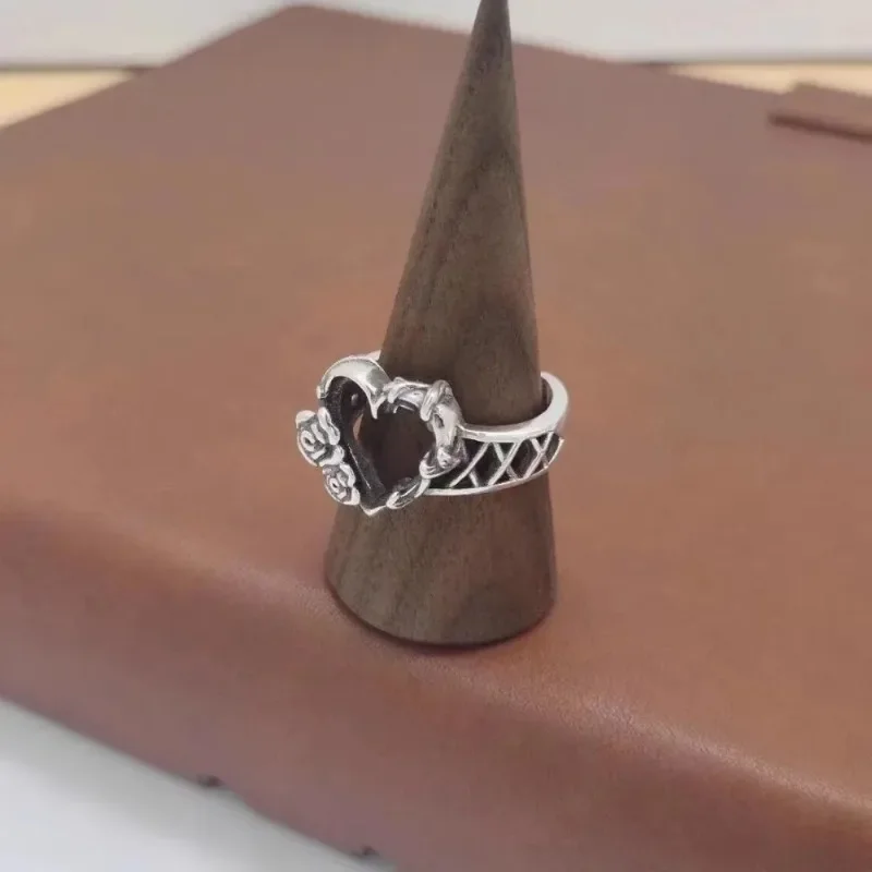 Retro Rings Rose Love Heart Hollow Out Ring Y2K Silver Color Simple Fashion Adjustable Opening Alloy Rings for Unisex