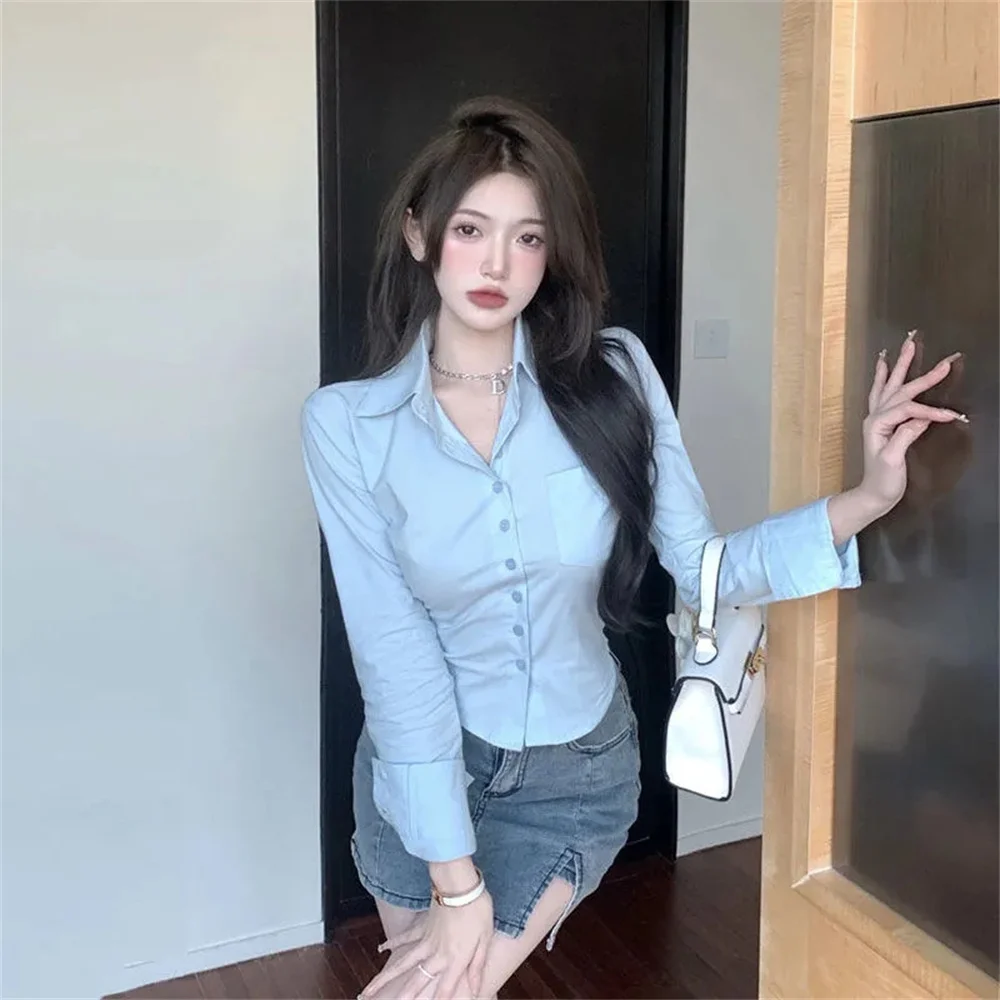 

Korean Version Sexy Pure Lust Style Long Sleeved Waistband Blue Shirt For Women Slim Design Ins Chic Crop Top Trend Blouse