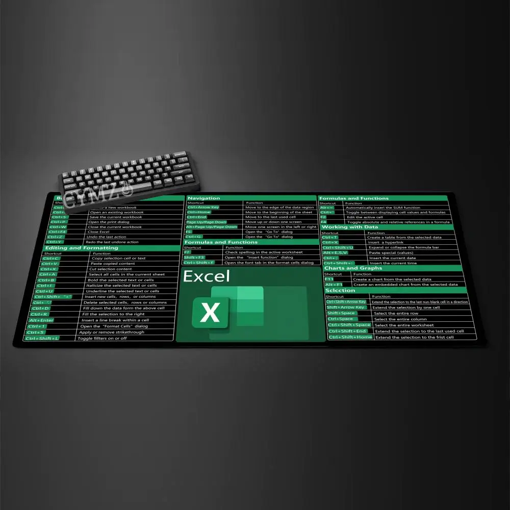 מפתחות קצרים לשולחן Excel עם הדפס HD, משטח עכבר גומי אנטי-החלקה, אביזרי שולחן עמידים, משטחי מקלדת לשולחן