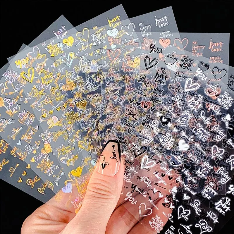 Nail stickers 6Pcs/Pack Laser Gold Silver 3D Nail Art Stickers Love Heart Letter Image Nail Decoration Ins Style Sticker DIY Foils Accessories