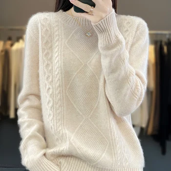 Pull en cachemire 100% pour femme, col demi-tortue, jacquard, manches longues, ample, épais, tricoté, décontracté, automne et hiver