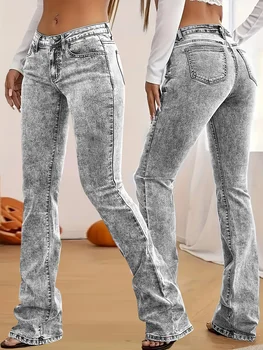 Fashion Women's Gray Low-Rise Slim Fit Bootcut Jeans, Y2K Style, Snow Wash, Streetwear Elegant Denim Pants 1