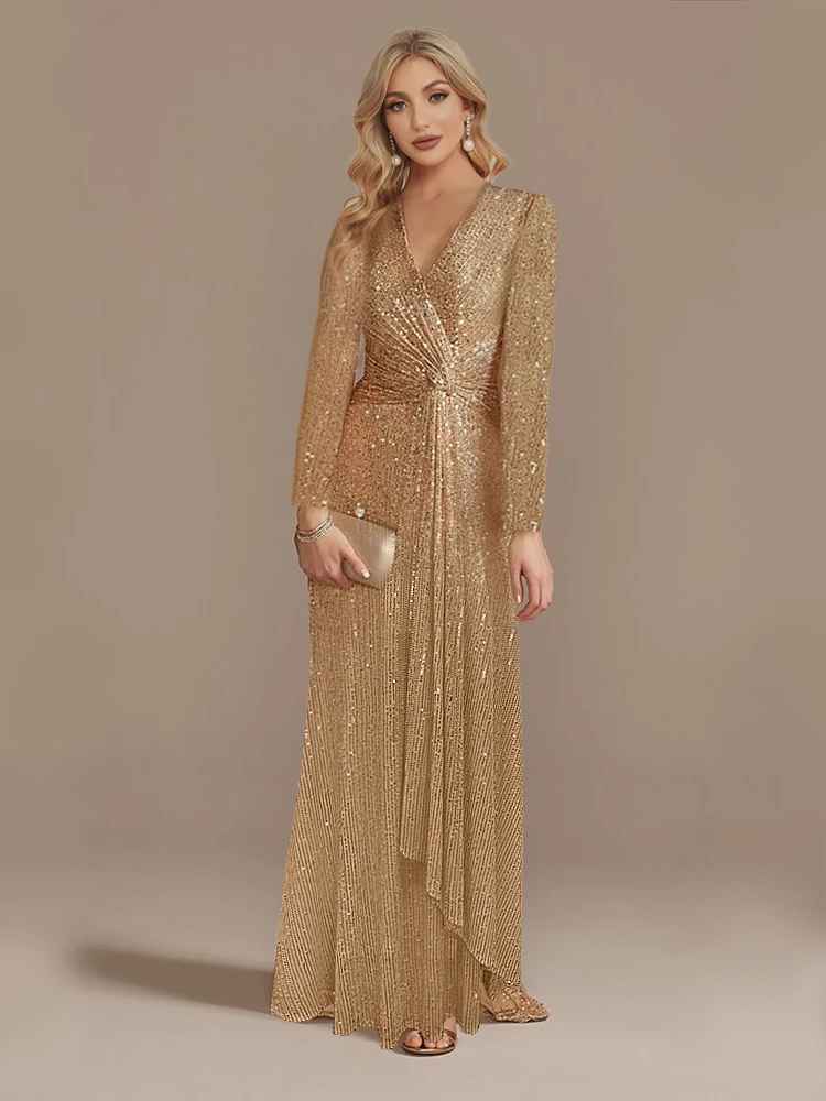 Luxury Floor Length V-Neck Evening Dress 2025 Women Elegant Party Maxi Dress Sequin Long Sleeves Prom Cocktail Dress
