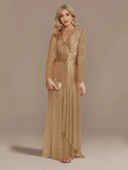 فستان سهرة فاخر بطول الأرض ورقبة على شكل حرف v 2025 فستان نسائي أنيق للحفلات ماكسي ترتر وأكمام طويلة فستان كوكتيل للحفلات الراقصة