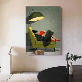 Donna che legge un libro su una sedia verde, quadro su tela, decorazione vintage per soggiorno e camera da letto, decorazione per la casa.