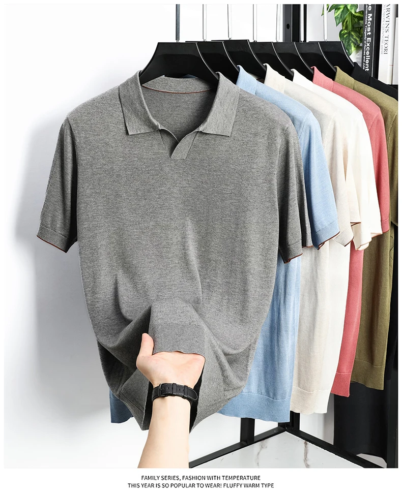 100% Lyocell Knitwear 2025 Men Spring Summer Trendy Turn Down Collar Knit Tees Short Sleeve Breathable Knit Tops
